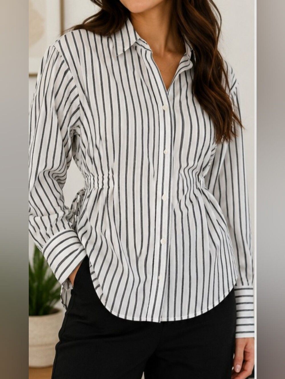 LOFT Striped Button Down Shirt XS White Black 100% Cotton Open Back Tie Waist